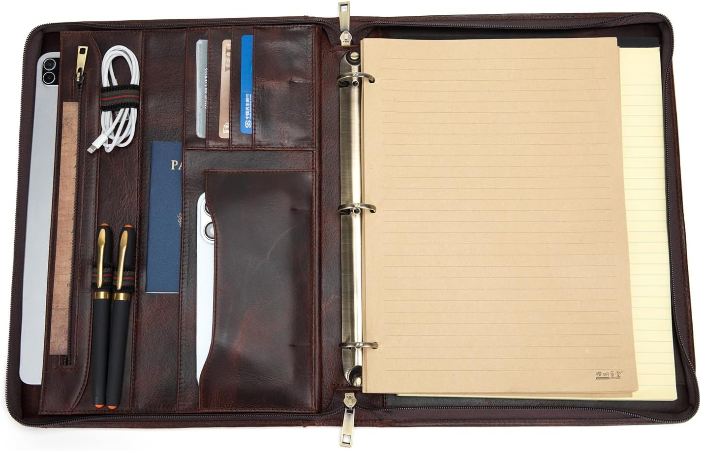 Personalized 3 Ring Binder Genuine Leather Portfolio, Front Pocket, Custom Engraved 8.5 x 11 Legal Pad Laptop Organizer for Men Women, Zippered Business Work Padfolio, Dark Brown, Oil Tanned