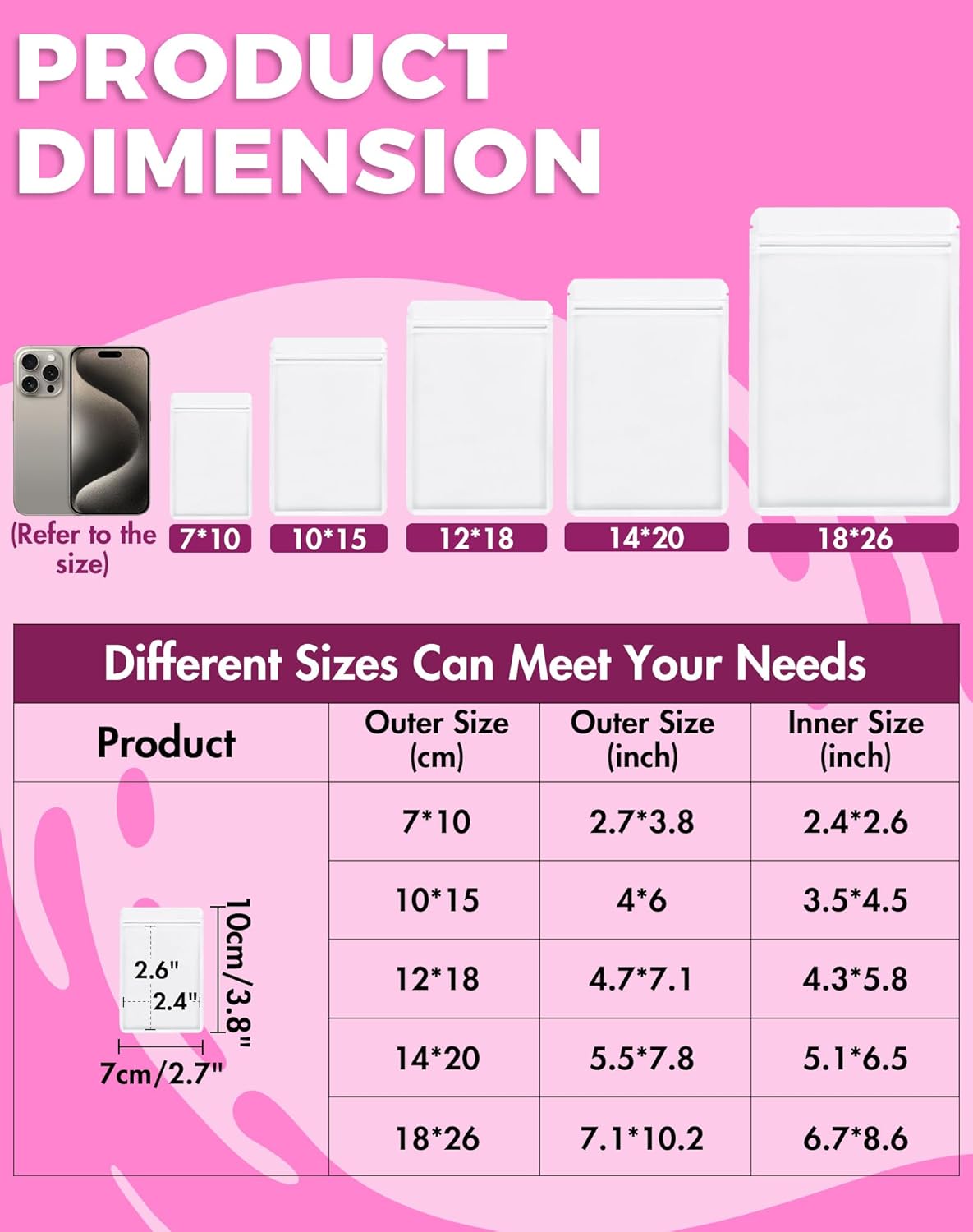 100 Pack Resealable Packaging Bags for Small Business Double-Sided Color Smell Proof Bags for Food Storage Flat Bags (White, 2.7" x 3.8")