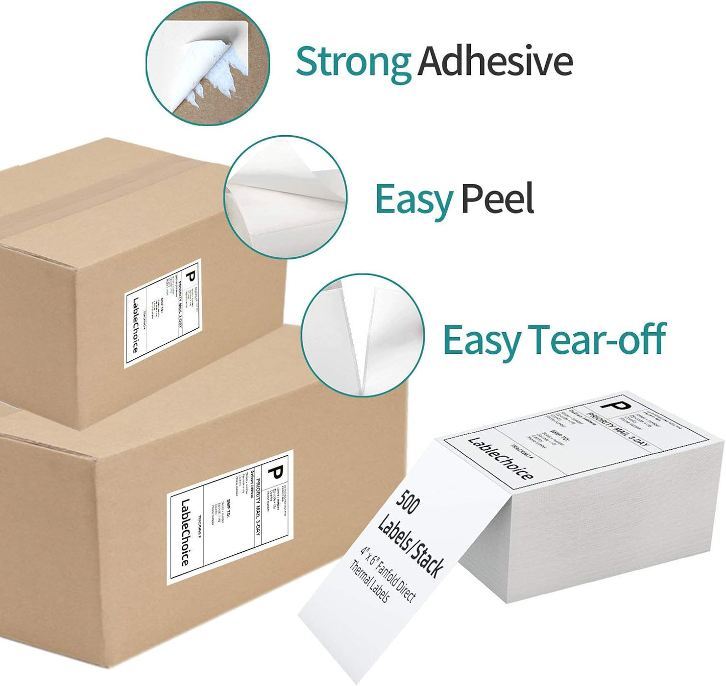 4 Stacks 2000 Labels 4" x 6" Fanfold Direct Thermal Labels with Perforated line, Permanent Adhesive, White Mailing Shipping Labels Compatible with Zebra, Rollo, Munbyn (500 Labels/Stack)