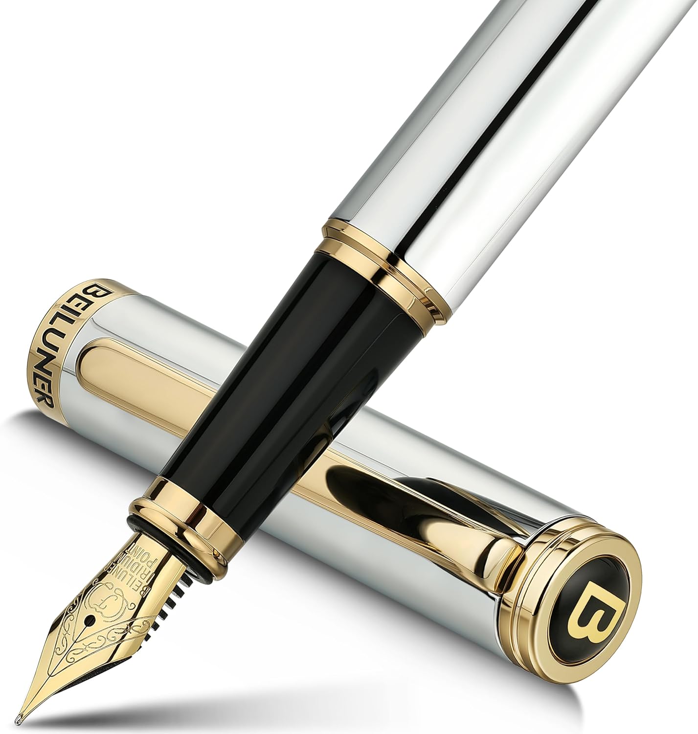 BEILUNER Silver Chrome Fountain Pen,Stunning Luxury with 24K Gold Accents, Gorgeous 24K Gilded Nib(Fine), Trustworthy Pen Gift for Men&Women -Ink Converter-Elegant, Graduation,Nice Pen for Writing