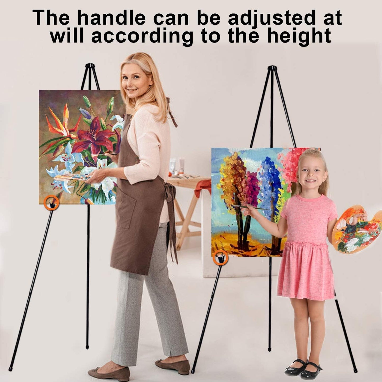 63" Folding Easel Stand for Display,Adjustable Floor Poster Easel for Arts,Pictures,Paintings,Telescoping Black Metal Easel Fit for Signs at Exhibition,Lobby,Holds 5lbs,6Pack