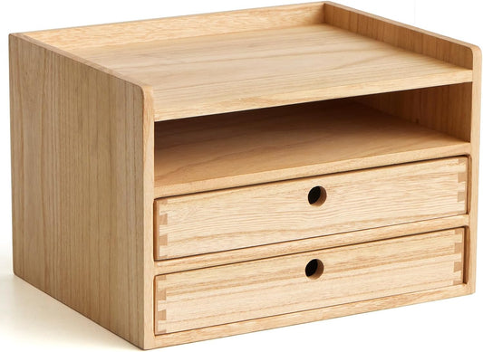 KIRIGEN Desktop Organizer with 2 Drawers and Tray - Wood Office Desk Storage Shelf for Office Supplies - Small Cabinet for Countertop Accessories Storage 3 Layer Natural（DT3D2C-NA）