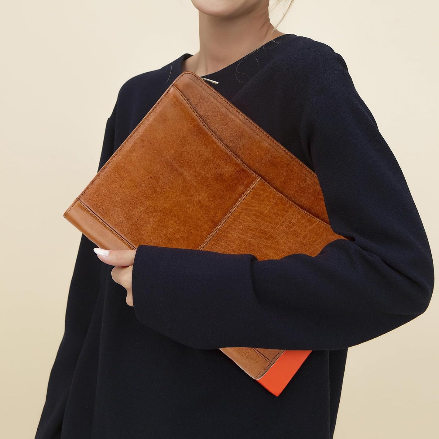 Genuine Leather Portfolio with Front Pocket for Men and Women, Zippered Padfolio Binder 8.5 x 11 Legal Pad Notebook Holder, Fits 13” Laptop, Professional Work File Case, Brown, Oil Tanned