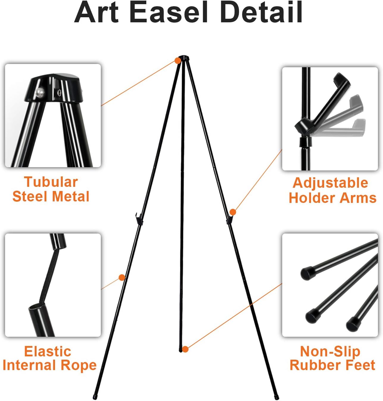 63" Folding Easel Stand for Display,Adjustable Floor Poster Easel for Arts,Pictures,Paintings,Telescoping Black Metal Easel Fit for Signs at Exhibition,Lobby,Holds 5lbs,6Pack