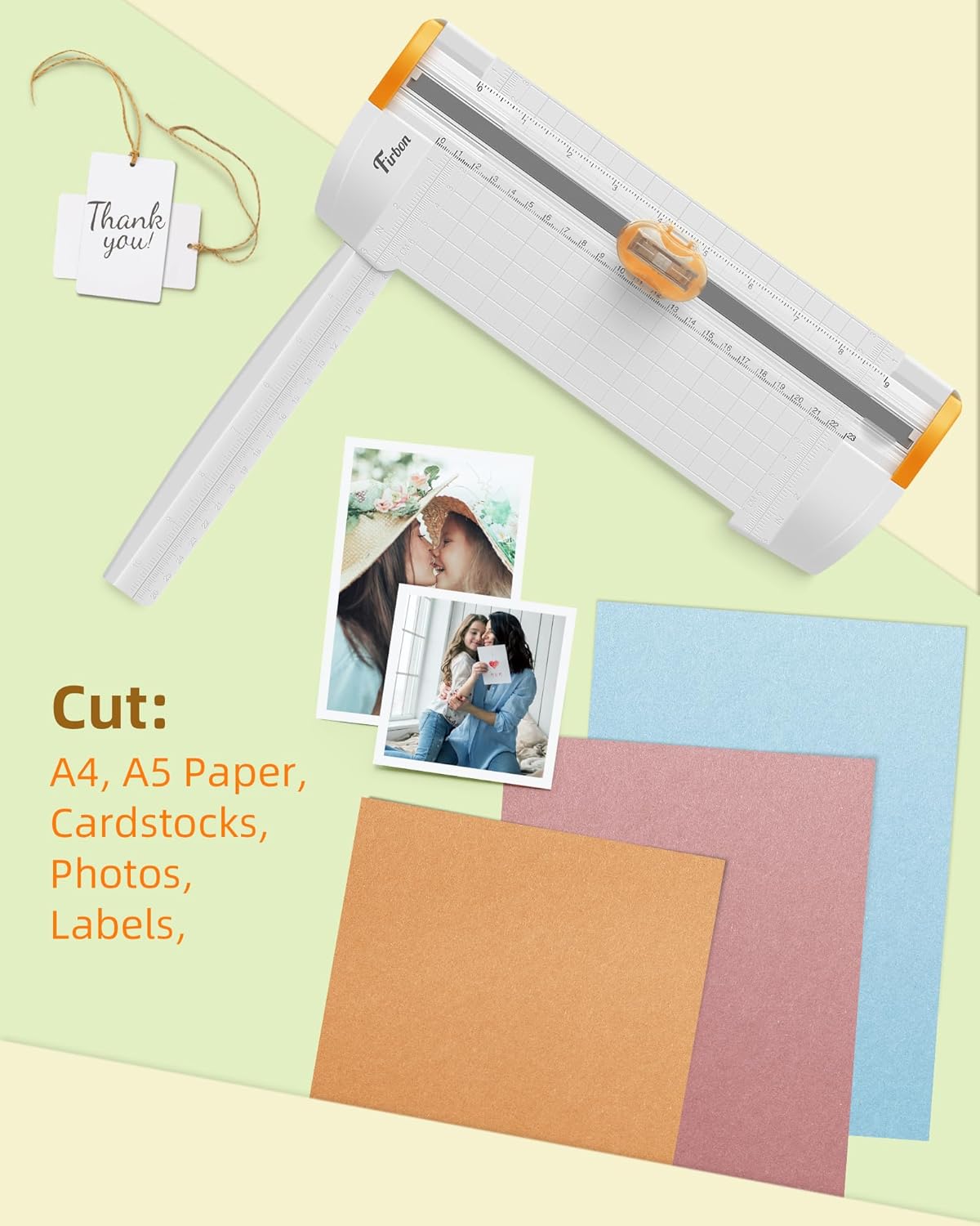 Firbon 3-in-1 Paper Cutter, 9" Compact A5 Paper Trimmer with Straight Cut, Scoring & Perforating Blades for Cardstock, Scrapbooking, Crafting, Labels & Home Office (Orange)