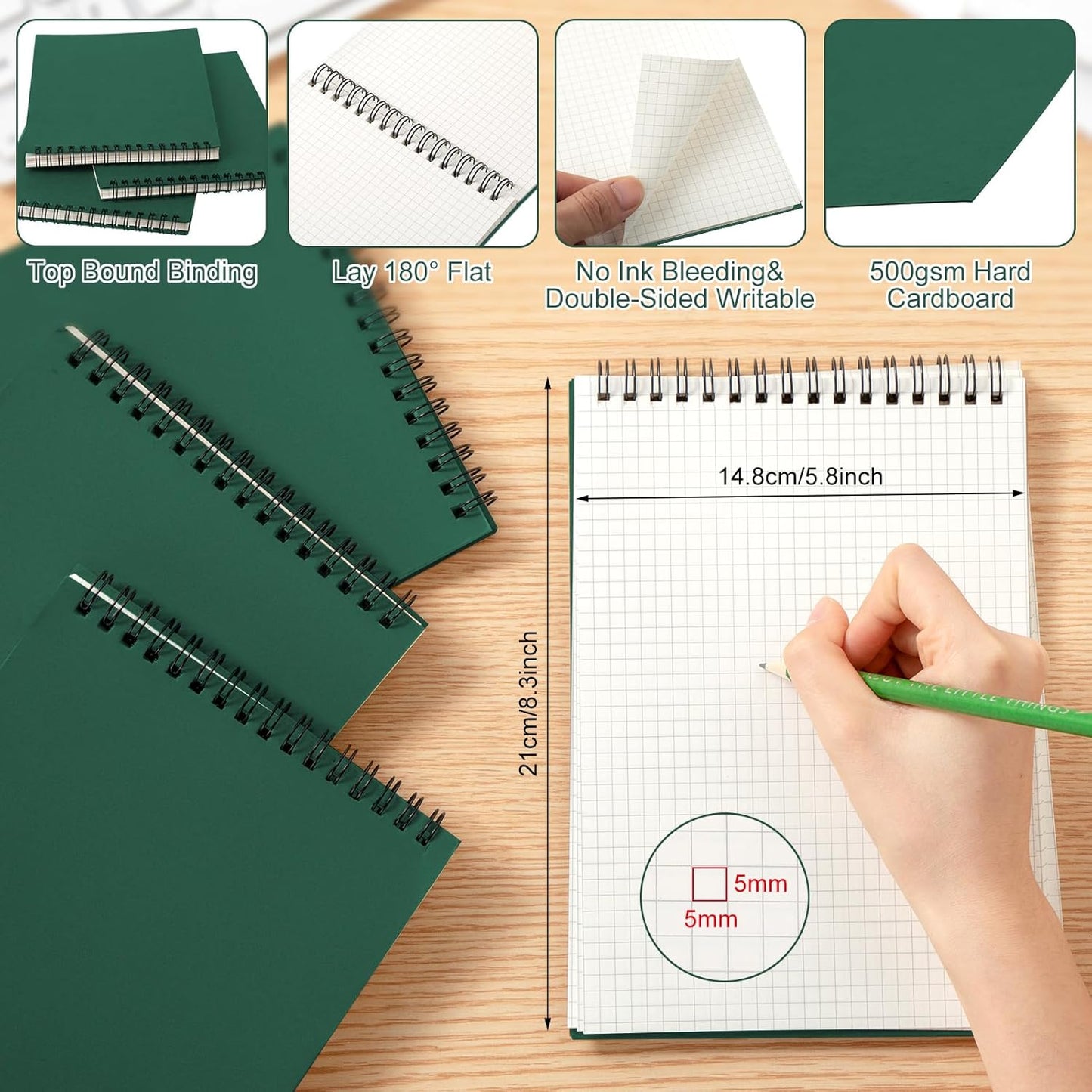 6 Pack Graph Paper Spiral Notepad A5 Top Wirebound Notepad Grid Notebook Steno Pads Memo Notebook Grid Paper 140 Pages for Writing Sketching Drawing Office Supplies (Dark Green)