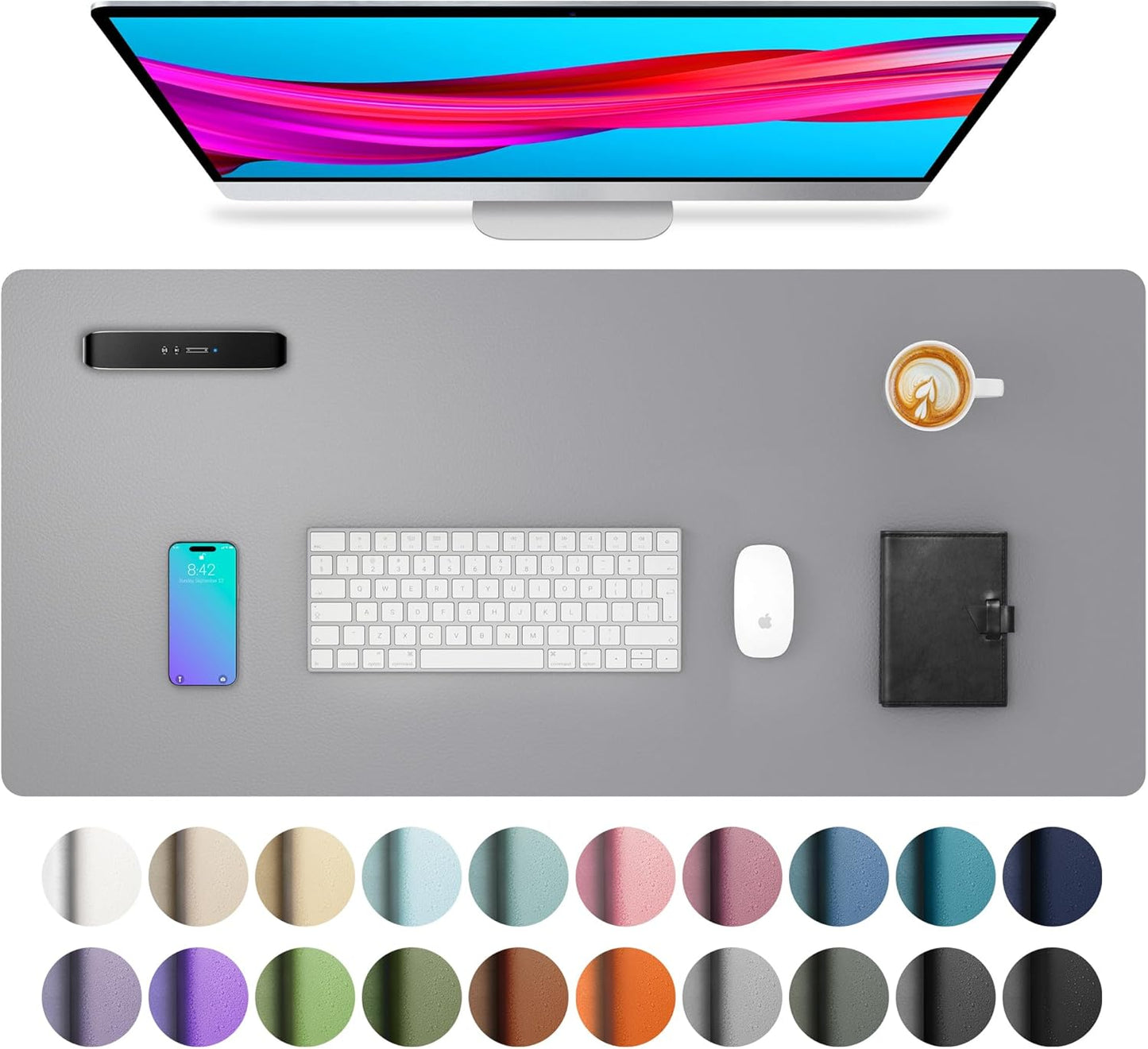 Aothia Leather Desk Pad Protector, Mouse Pad, Office Desk Mat, Non-Slip PU Leather Desk Blotter, Laptop Desk Pad, Waterproof Desk Writing Pad for Office and Home (23.6" x 13.7", Light Grey)