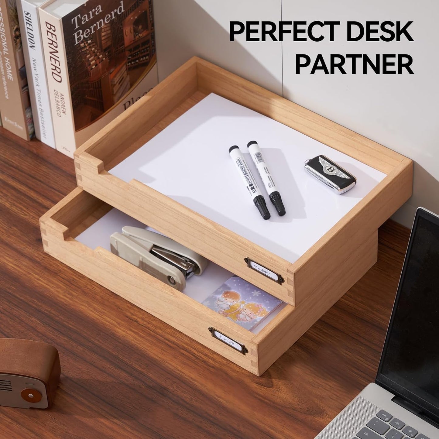 KIRIGEN Wood Desk Organizer Set of 2 Stackable Paper Tray Desktop Document Storage Wooden Letter Trays 2TTP-NA