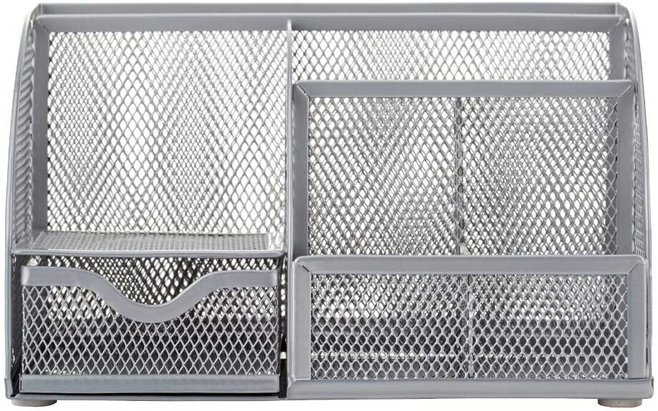 Annova Mesh Desk Organizer Office with 7 Compartments + Drawer/Desk Tidy Candy/Pen Holder/Multifunctional Organizer (Silver)
