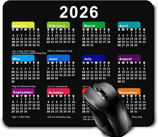 2026 Calendar Mouse Pad with Holidays, Computer Mousepad with Non-Slip Rubber Base, Mouse Pads for Computers Laptop Mouse 9.6 x 7.9 inch(Black)