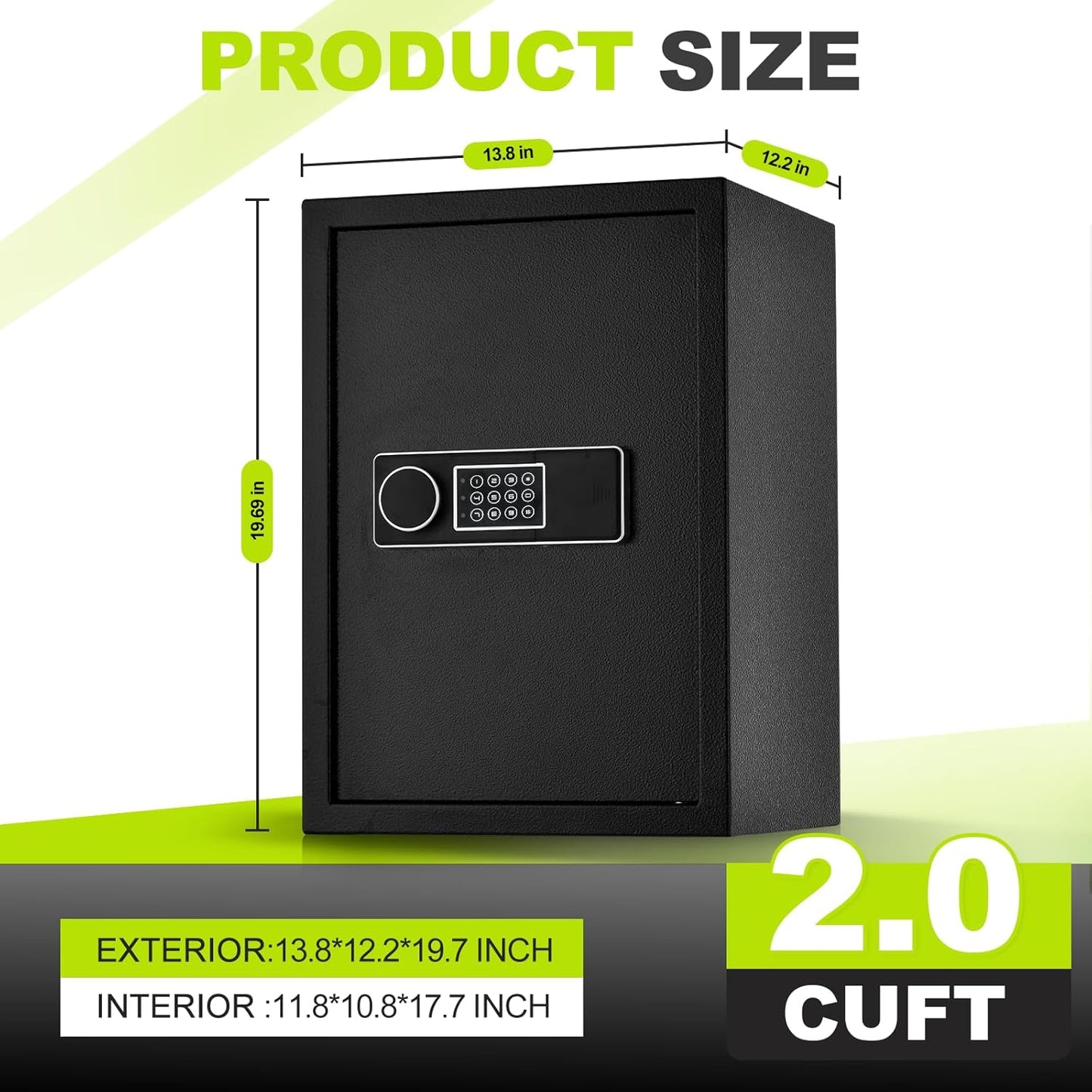 2.0 Cuft Safe Box, Home Safe with Digital Electronic Keypad, Extra Fireproof Bag Protect Personal Document, 12.2 x 13.8 x 19.7 Inches (Exterior), Black