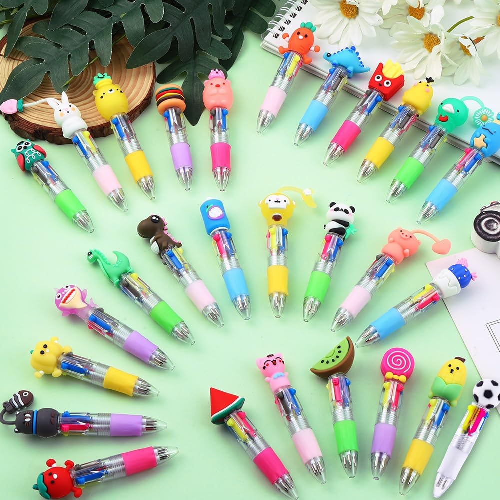 28PCS Fun Pens for Kids Multicolor Ballpoint Pen 4 Colors in One, Mini Cute Stationery Cartoon Animal 0.7mm Retractable Writing Pens for Party Favors School Supplies Students Rewards