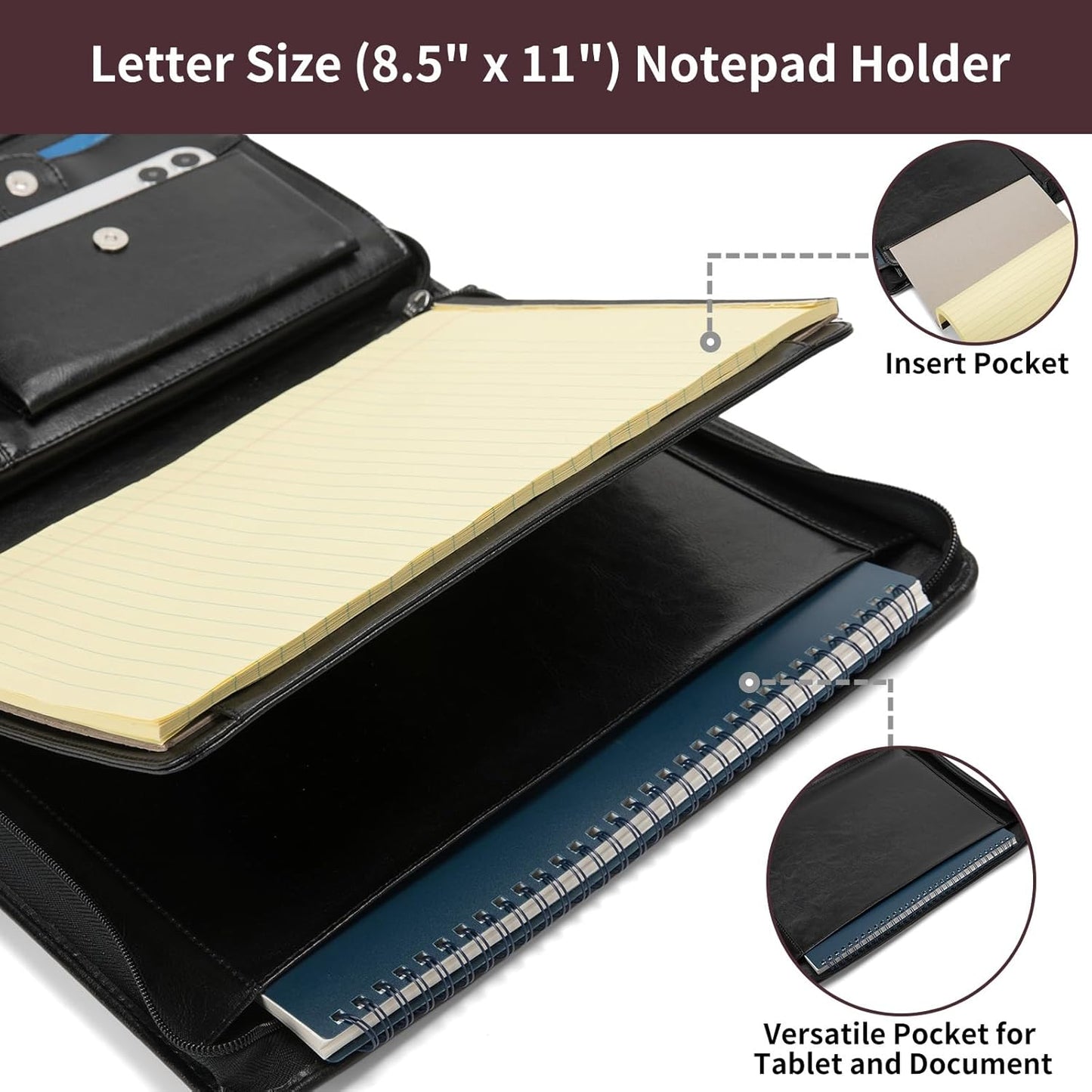 Vegan Leather Portfolio with Front Pocket for Men and Women, 8.5 x 11 Legal Pad Notepad Holder, Zippered Business Organizer, Professional Executive Letter Notebook Folder for Work, Black