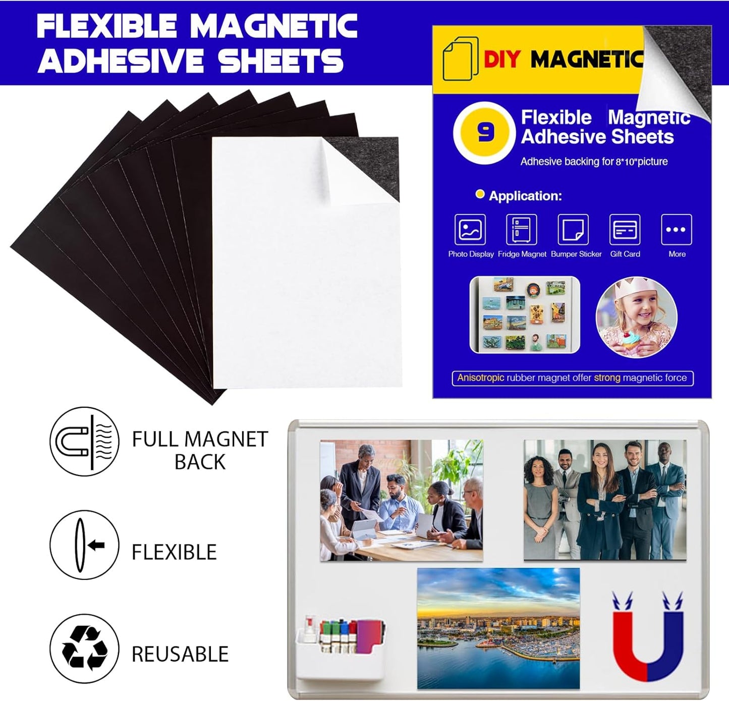 8X10 Picture Magnetic Sheets (Pack of 9),Cuttable Shaped Photo Magnet Sheets with Self-Stick Adhesive Backing for Home/Classroom/Office