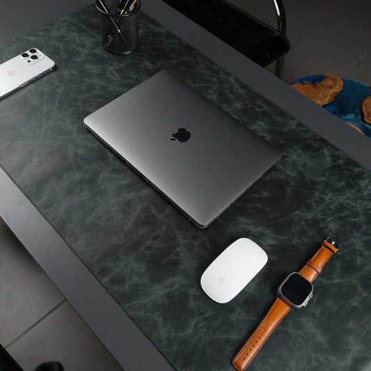 Jersey Genuine Calfskin Leather Desk Pad, Office Desk Mat with Non-Slip Bottom, Smooth Surface for Mouse & Keyboard, Desk Protector (14.6x31.5 inches) (Dark Green)