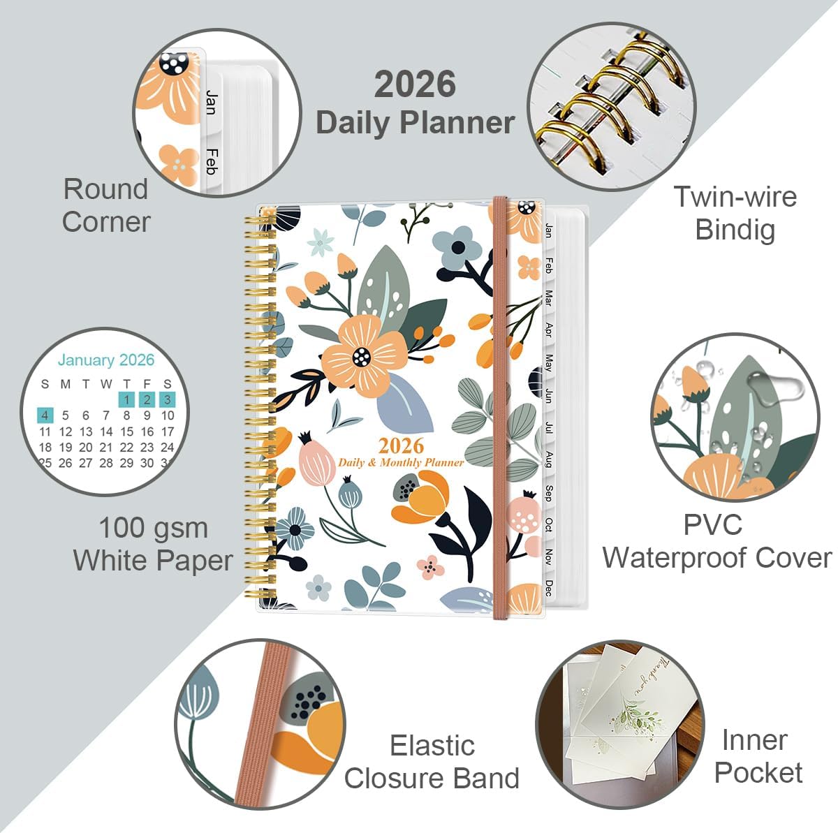 2026 Daily & Monthly Planner - One Page Per Day, Daily Planner from January 2026 - December 2026, Planner 2026 with 12 Monthly Tabs, 8.5" x 11", Rose Flower