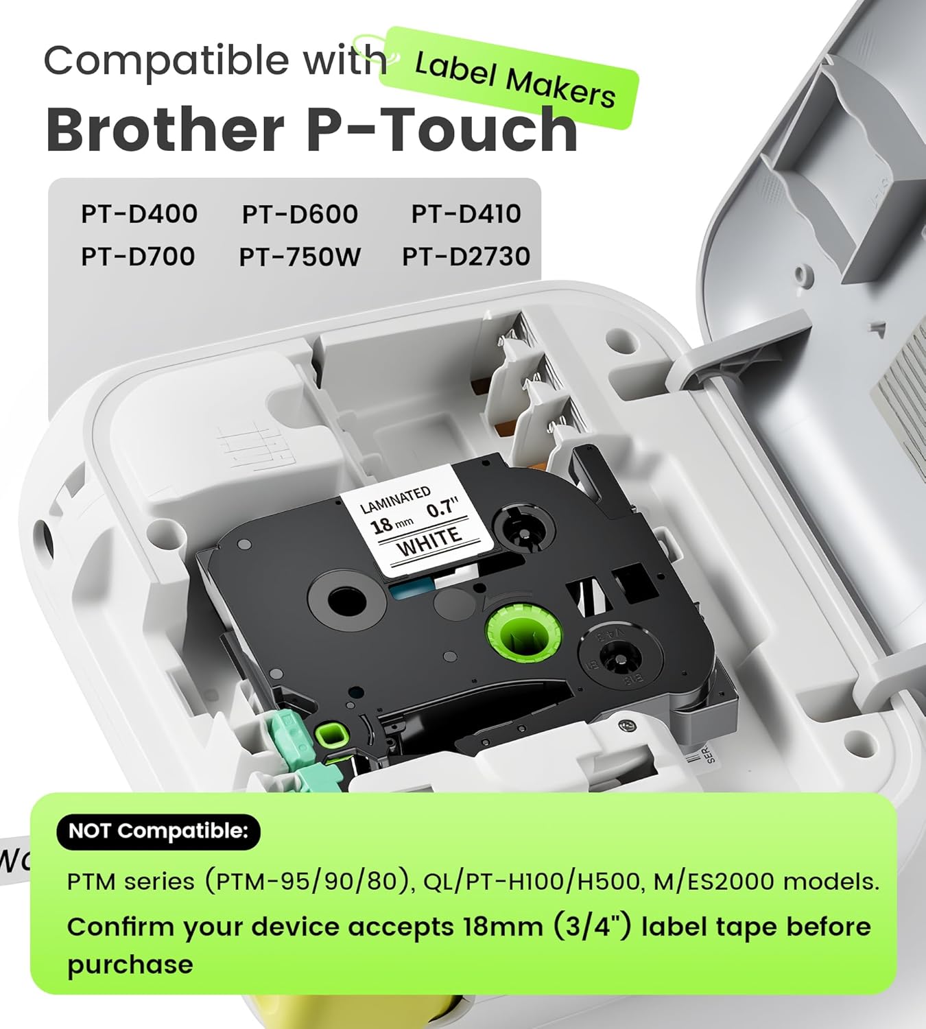 18mm 0.7 Laminated White Tape Replace for Brother Label Maker Tape TZe-241 Compatible with P-Touch TZ TZe 3/4" Black on White TZE241 for PT-D400 PTD410 PTD600 PT-D610BT Refills, Wonfoucs, 6-Pack