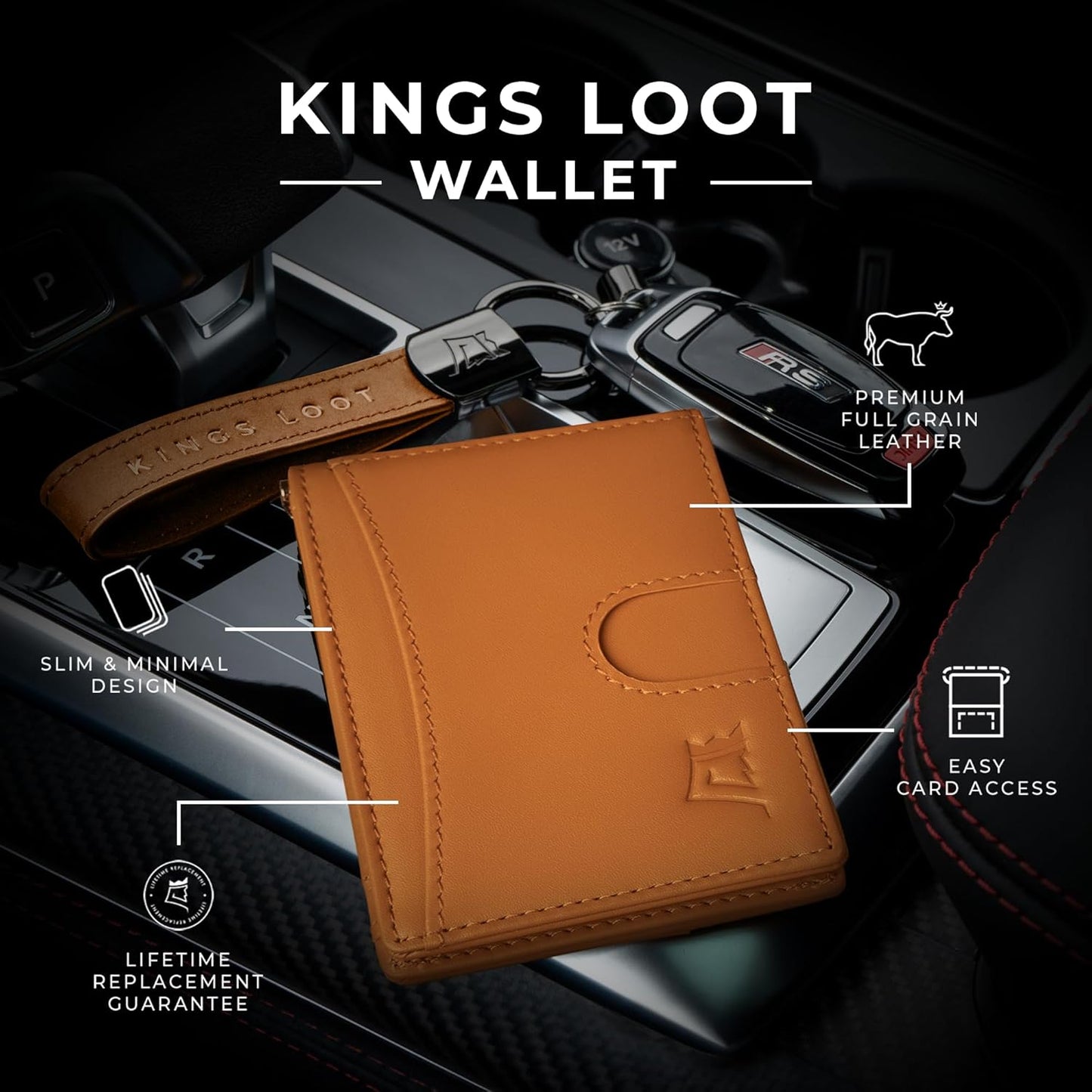 Kings Loot Money Clip Slim Minimalist Wallet for Men – RFID Blocking Leather Design with Money Clip – Front Pocket Bifold Holds 12 Cards – Stylish & Compact Wallets (Cognac)