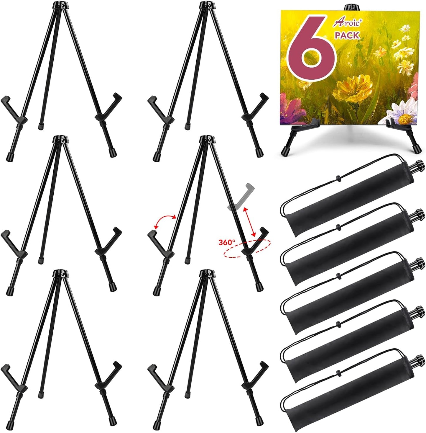 AROIC 6 pack 14'' Tabletop Easels, Black Steel Table Top Easels for Display, Adjustable Portable Table Top Easel for Paintings, Signs, Posters,Frame Pictures(with 6 Bags)