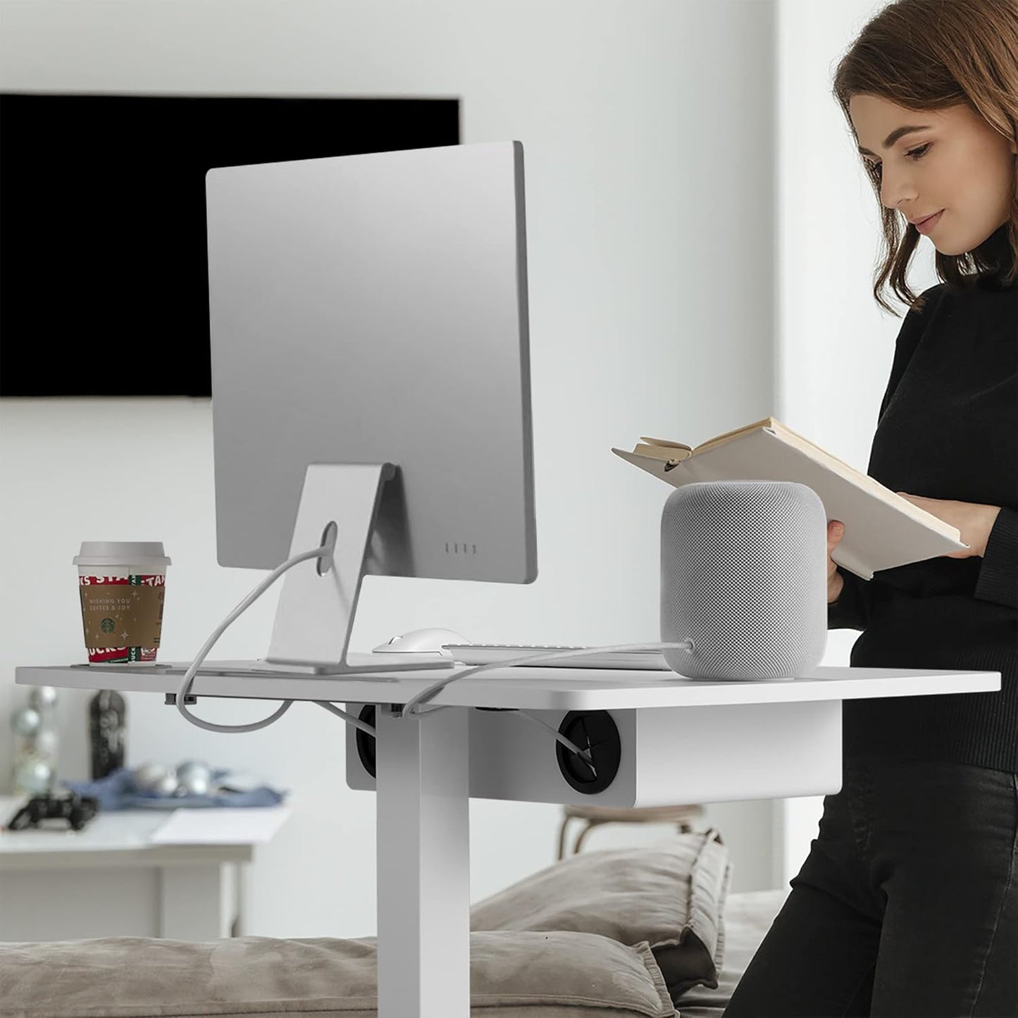 AVLT 44" Height Adjustable Foot Pedal Rolling Desk with Shelf (3 ft 8 inches) - Pneumatic Laptop Standing Desk Cart - Mobile Laptop Cart - White Computer Projector Cart with Brake Casters