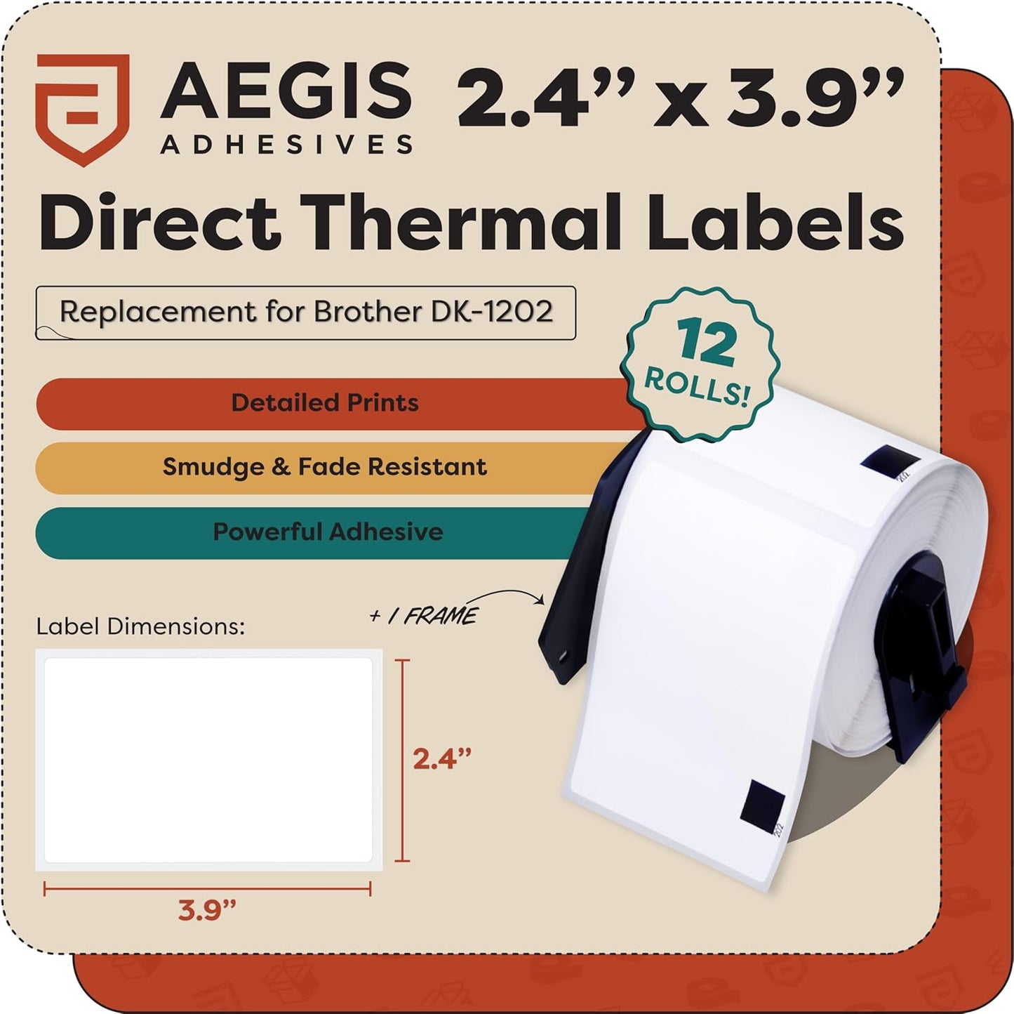 Aegis Adhesives - Compatible Labels Replacement for Brother DK-1202 (2.4" X 3.9") Shipping & Postage, Use with QL Label Printers - 12 Rolls + 1 Frame