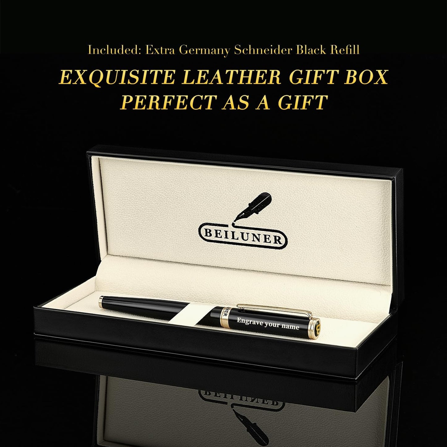 BEILUNER Black Personalized Fountain Pen,Stunning Luxury Lacquer,24K Gilded Nib(Fine),Gorgeous 24K Gold Finish, Ink Converter,Fancy Office Gift for Men&Women-Elegant, Graduation,Nice Pens for Writing