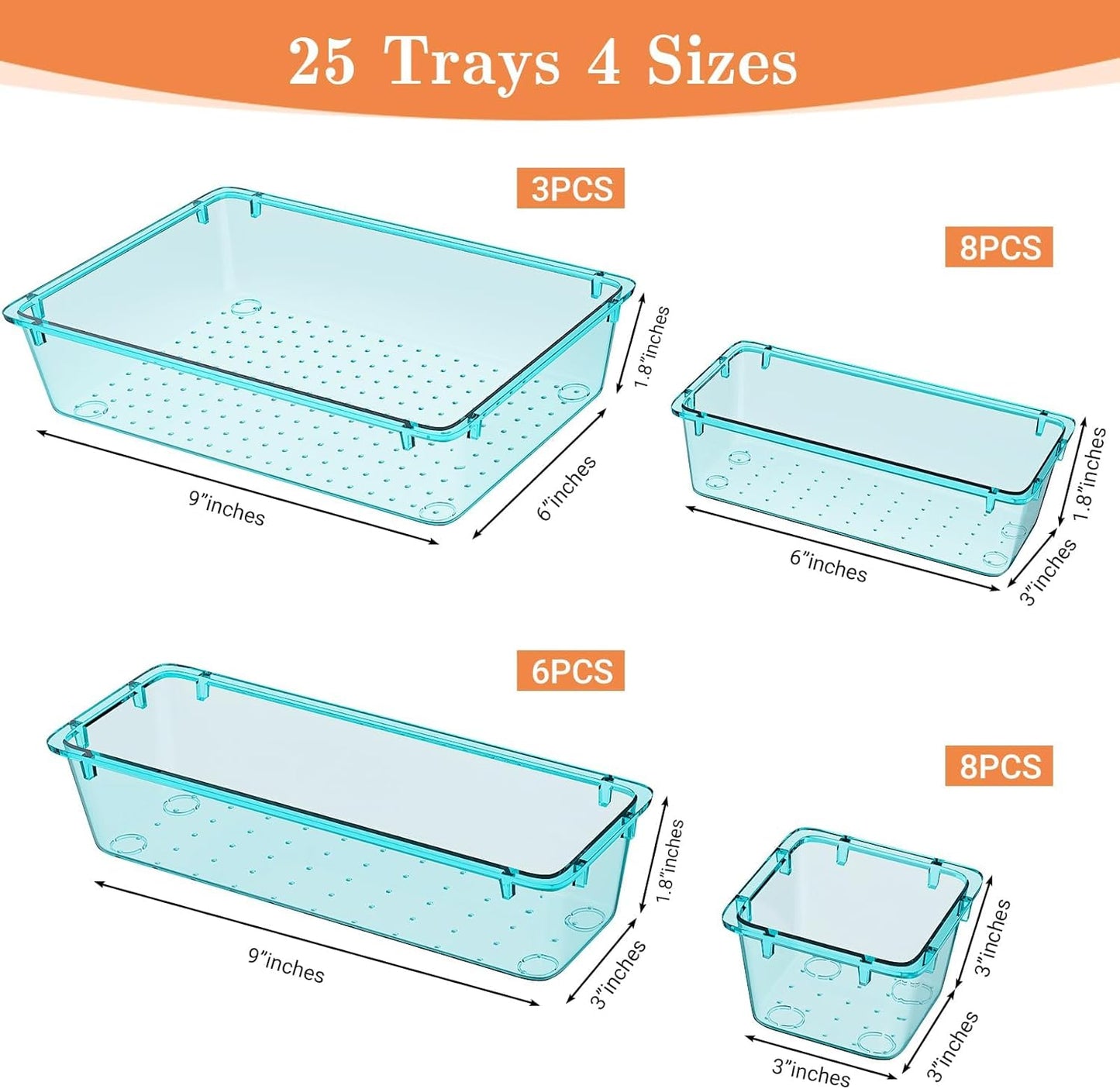 25 PCS Plastic Drawer Organizer Set, 4-Size Versatile Organizer Trays & storage Bins for Makeup, Jewelry, and Gadgets in Bathroom, Bedroom and Office, Sea Blue