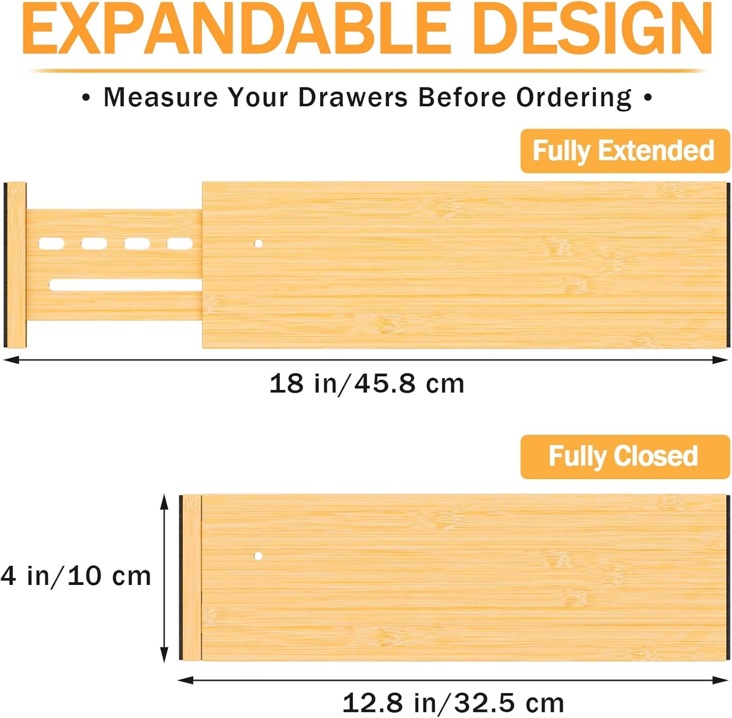 Bamboo Drawer Dividers 4" High, 12.8-18" Adjustable Drawer Organizers for Clothes,Expandable Dresser Separators in Bedroom/Kitchen/Bathroom/Office Organization and Storage,2 Pack