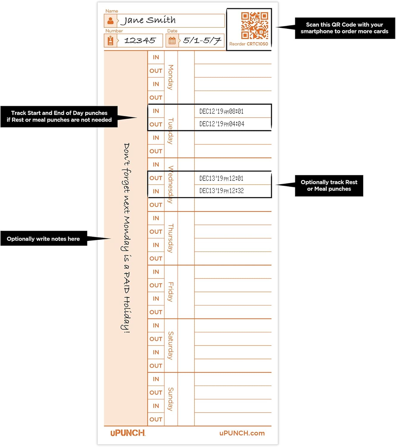 uPunch 100 Time Cards for CR1000 Digital Time Clock and Date Stamp