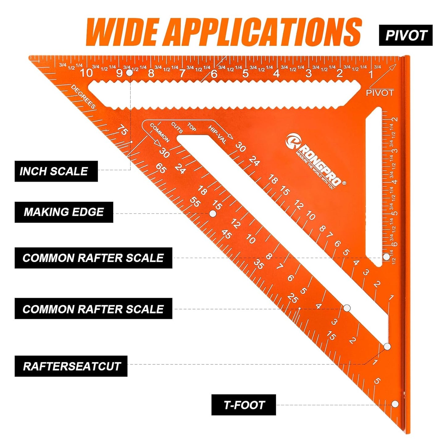 12 Inch Rafter Square, Carpenter Measuring Layout Tool, Aluminum Alloy Triangle Ruler Protractor for Woodworking and Carpentry - Imperial