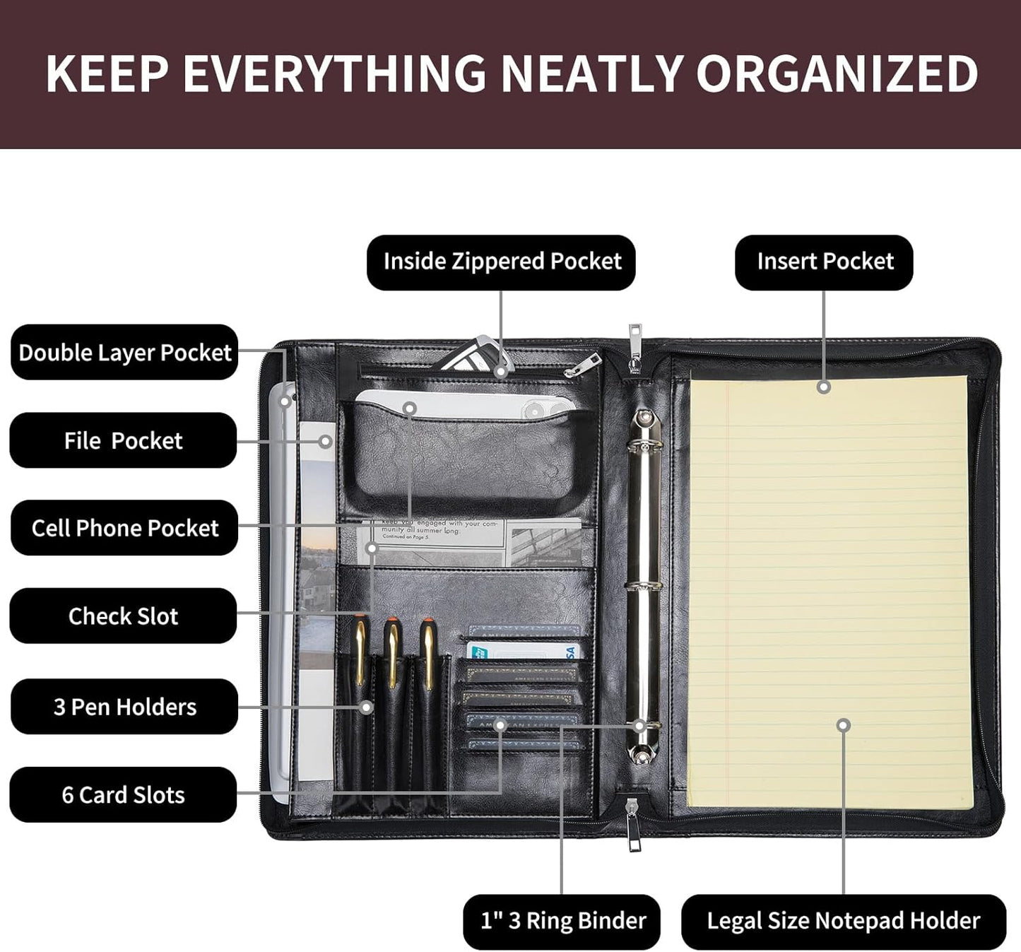 Personalized Vegan Leather 3 Ring Binder Portfolio, Custom 8.5 x 14 Legal Size Pad Padfolio, Hidden Handle, 15” Laptop Organizer, Zip Professional Business Folio, Black