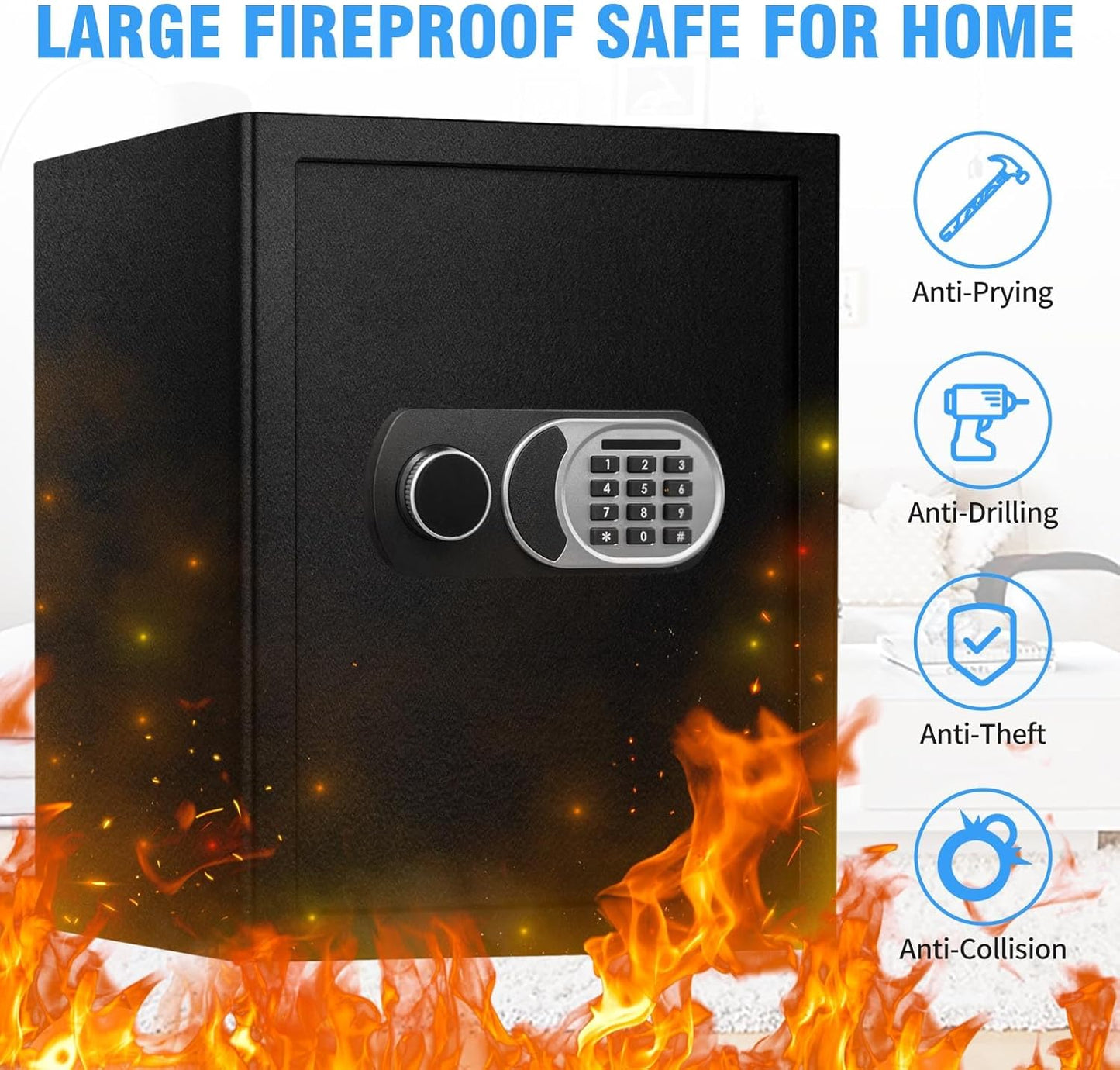 2.5 Cuft Large Safe Box with Fireproof Waterproof Bag, Safes for Home Documents, Anti-Theft Safety Box With Digital Keypad, Smart Alert System, Spare Keys, Personal Safe for Cash Money