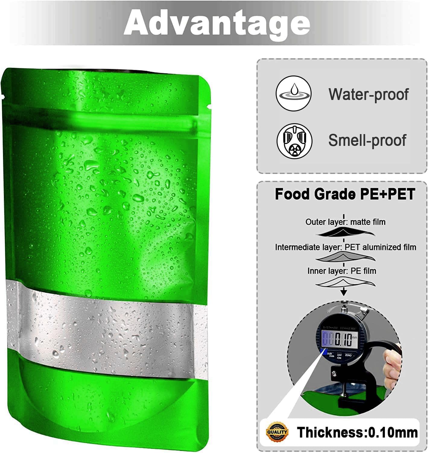 4"x6" 120pcs Mylar Bags for Food Storage,Smell Proof Bag with Matte Window Resealable Food Storage Bags for Small Business, Stand-up Foil Pouch Packaging Freeze Dried Candy Bag（Green）