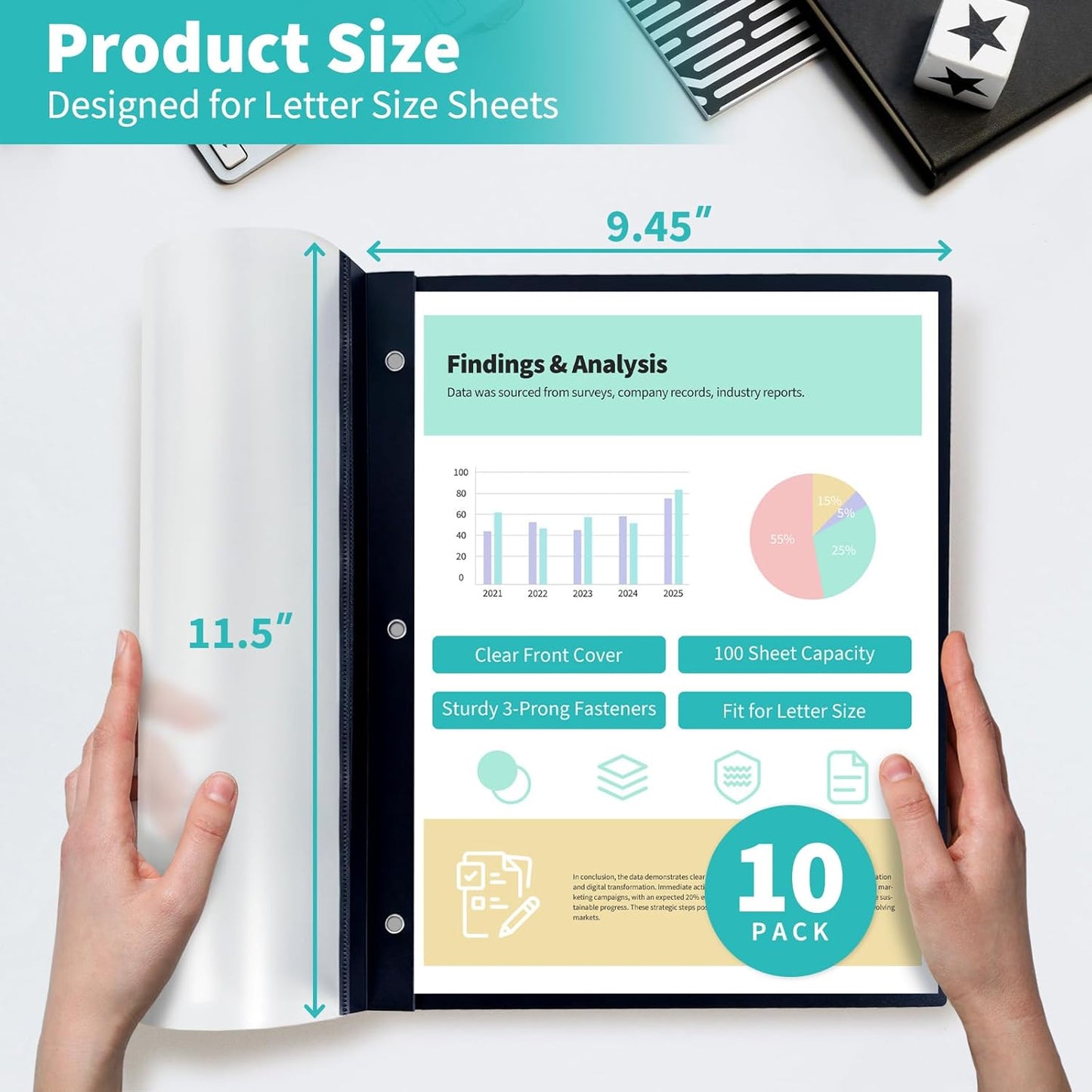 Binditek 10 Pack Heavy-Duty Clear Front Report Covers with 3 Prongs, 100-Sheet Capacity, Plastic Report Folder with Black Back Covers, 3 Metal Prongs Fasteners, for Letter Size, Office Supplies