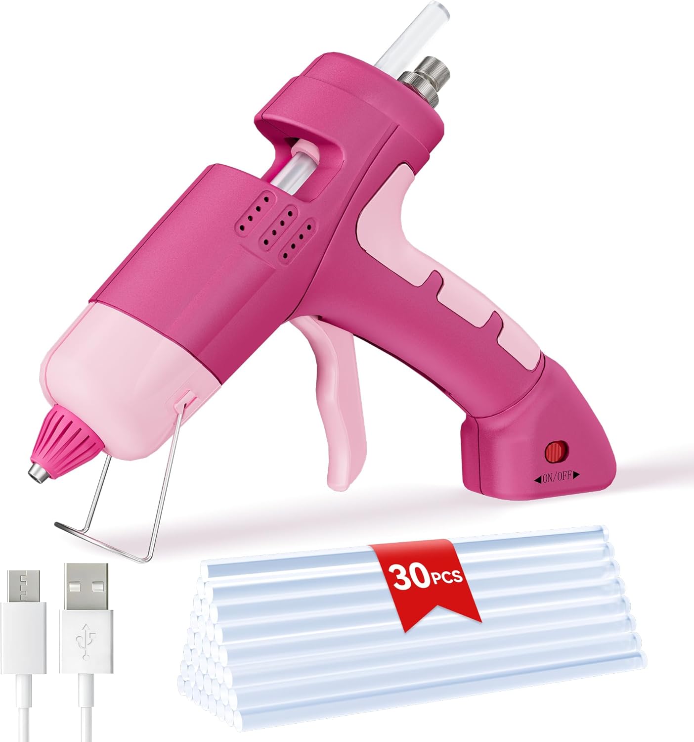 Hot Glue Gun with 30 Glue Sticks,20W Rechargeable Pink Hot Glue Gun and Sticks Set,Mini Glue Gun for School Craft DIY Arts,Quick Home Repairs & Decoration