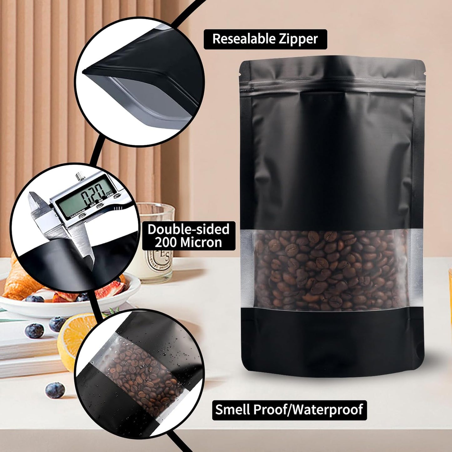 100 Pack Smell Proof Bags, Resealable Black Mylar Bags with Matte Window, Foil Pouch Stand Up Sealable Bags for Packaging, 5.9 × 8.66 Inch