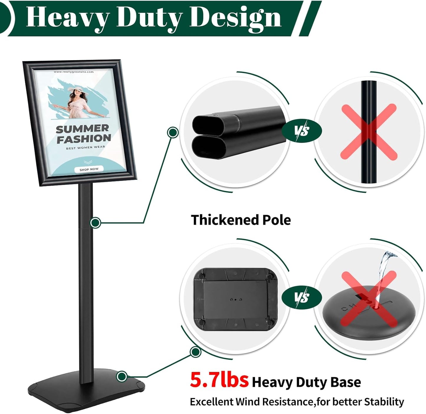 Heavy Duty Pedestal Sign Holder for Display, 8.5 x 11 inches Adjustable Floor Standing Sign Holder with Weighted Base , Vertical and Horizontal View Sign Stand for Indoor/Outdoor Advertising，Black
