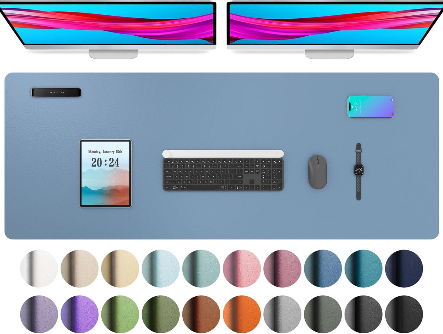 Aothia Leather Desk Pad Protector, Office Desk Mat, Large Mouse Pad, Non-Slip PU Leather Desk Blotter, Laptop Desk Pad, Waterproof Desk Writing Pad for Office and Home (48"x17", Denim Blue)