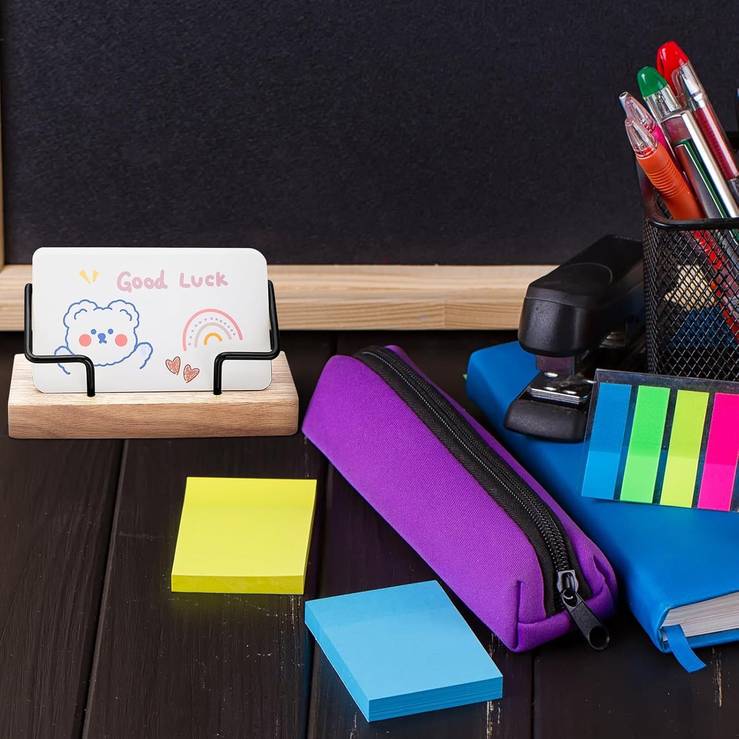 Amyhill 2 Pieces Wood Business Card Holder for Desk Wooden Business Card Display Stand Postcard Holder for Office Home Desktop (Light Wood Color, Black)