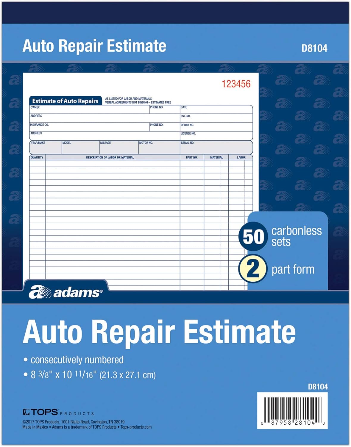 Adams Auto Repair Estimate Book, 2-Part, Carbonless, White/Canary, 8-3/8 x 10-11/16 Inches, 50 Sets per Book (D8104)