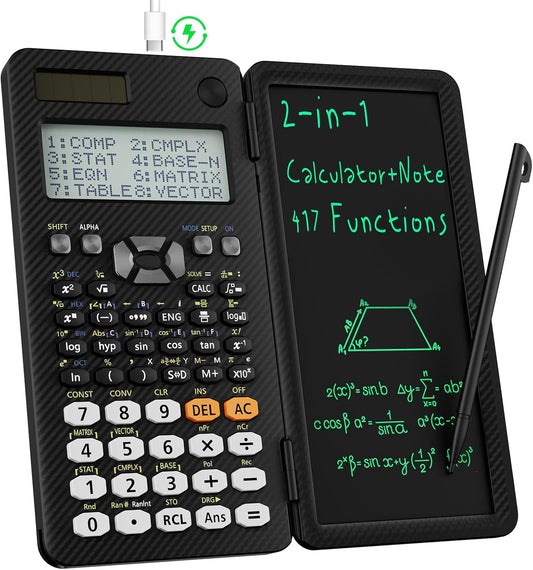 Rechargeable ROATEE 991ES MAX Scientific Calculators, CalcNote Multiview 4-Line Display with LCD Writing Tablet Notepad, Foldable Portable for Business High School College Students and Teacher(Black)