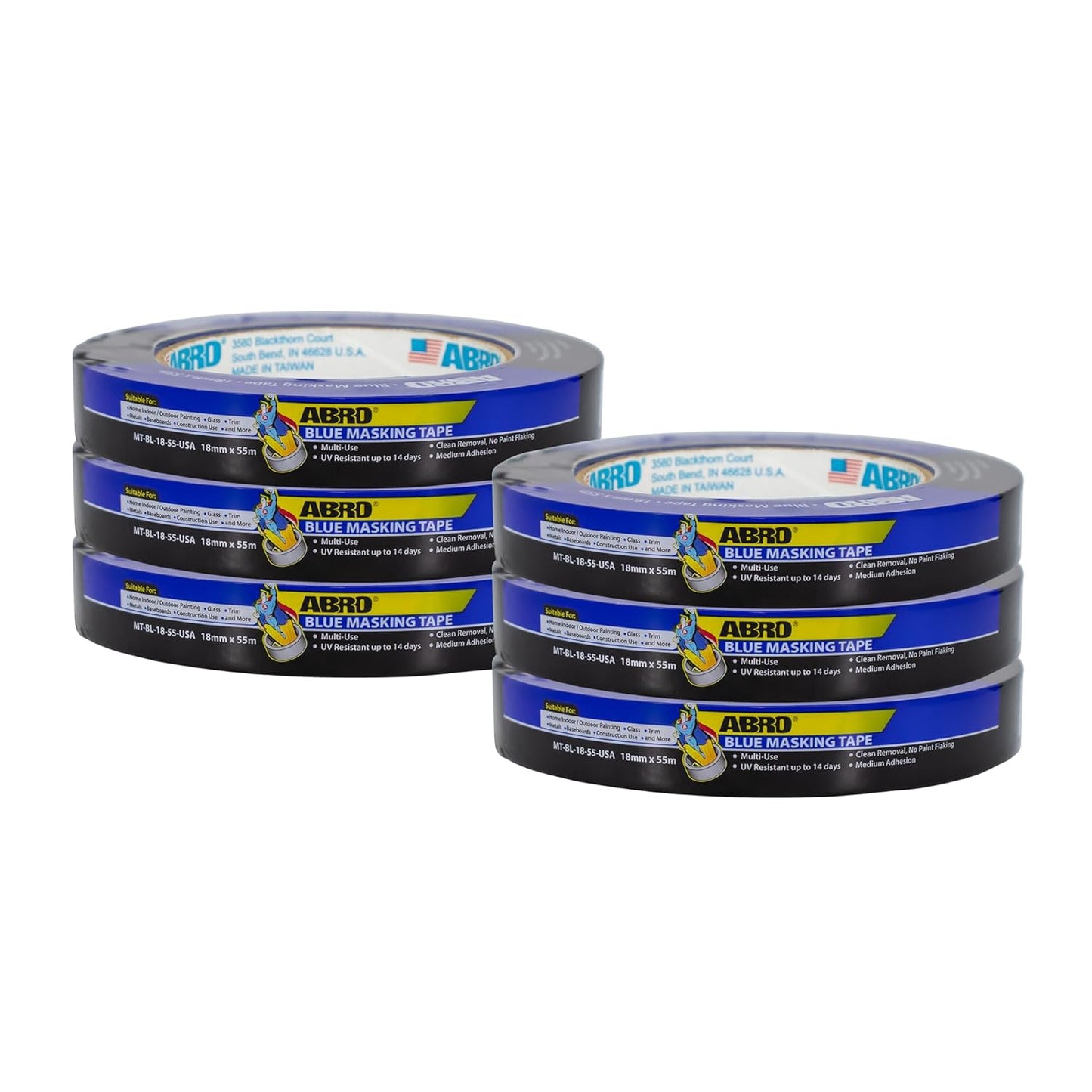 ABRO 6-Pack Blue Painters Tape: 18mm x 55M All Purpose Blue Tape, Temporary Labeling, Easy Tear, Clean Removal, Masking Tape Colored, DIY or Professional Use
