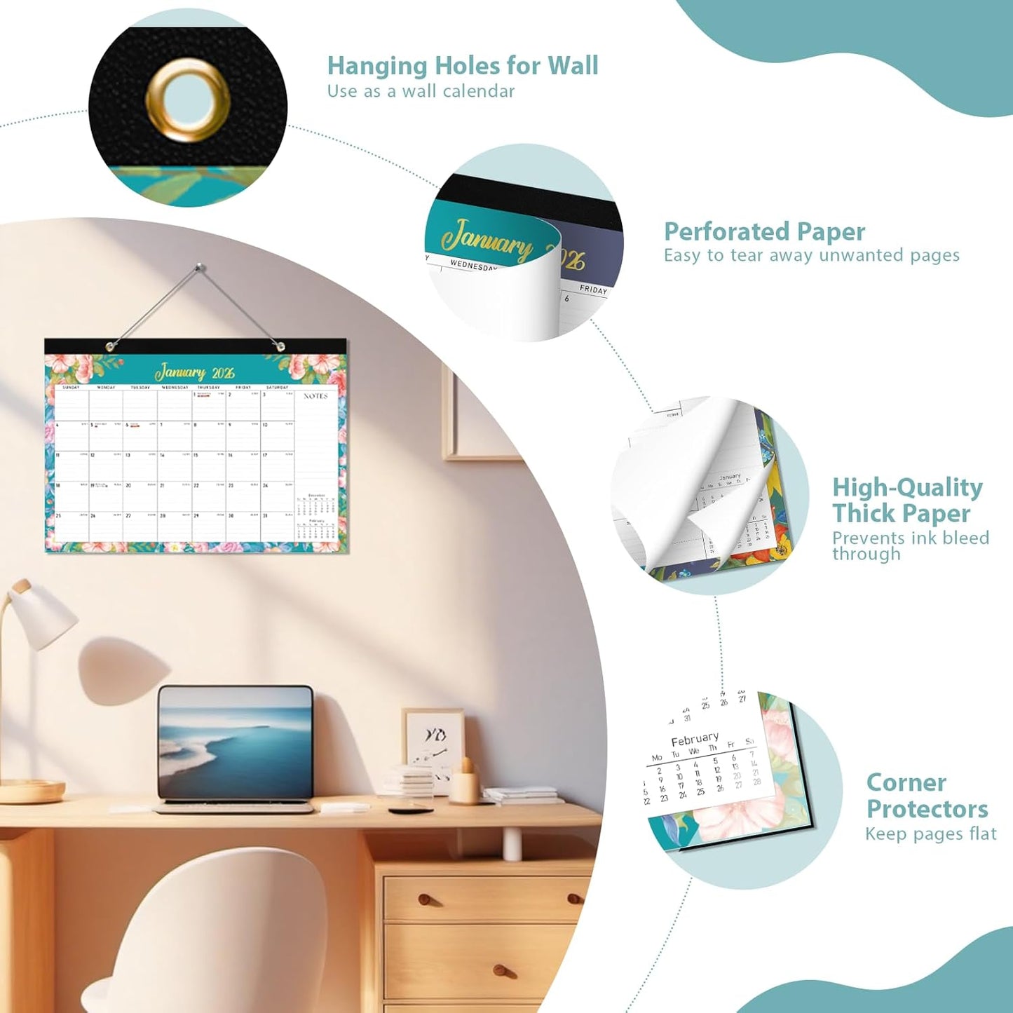 2026 Desk Calendar, Large Desktop/Wall Monthly Calendar 17'' x 12'' School Year Desk Planner for Teacher Family School Office Supplies (Flower-A, 17"x12"(Jan 2026-Jun 2027）)