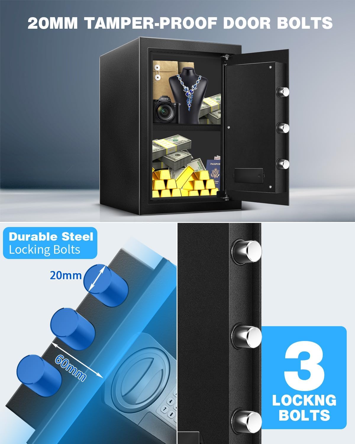 2.5 Cu Ft Safe Box for Home Documents -Steel Electronic Digital Safety Box Personal Security Lock Box with LED Sensor Light External Power Compartment for Office Money Jewelry Valuables