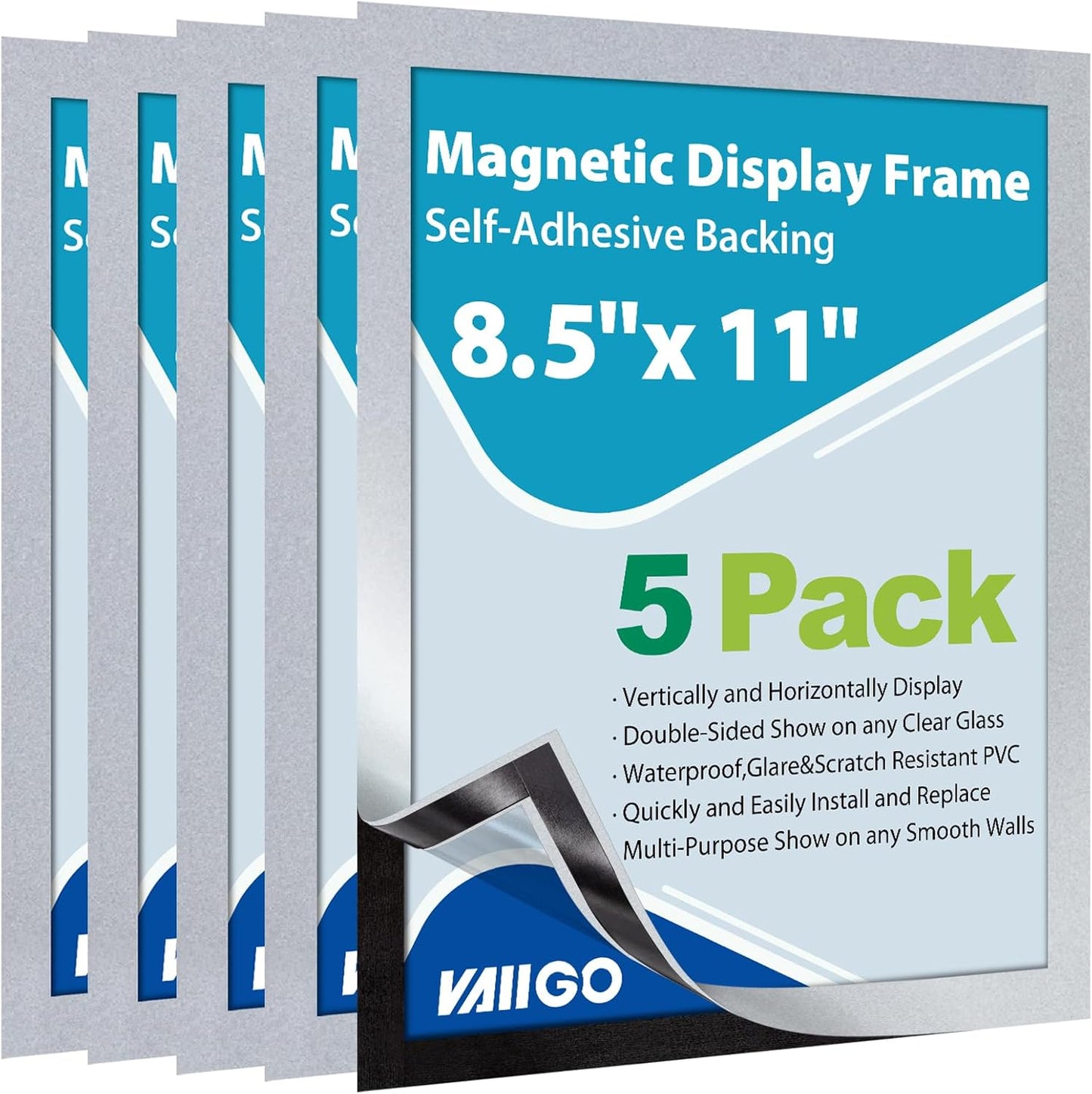 5Packs Magnetic Sign Holder 8.5 x 11, Self Adhesive Display Picture Frame with Magnetic Frame and Clear PVC for Office Store Home Door Window Refrige Magnetic Paper Holder, Silver