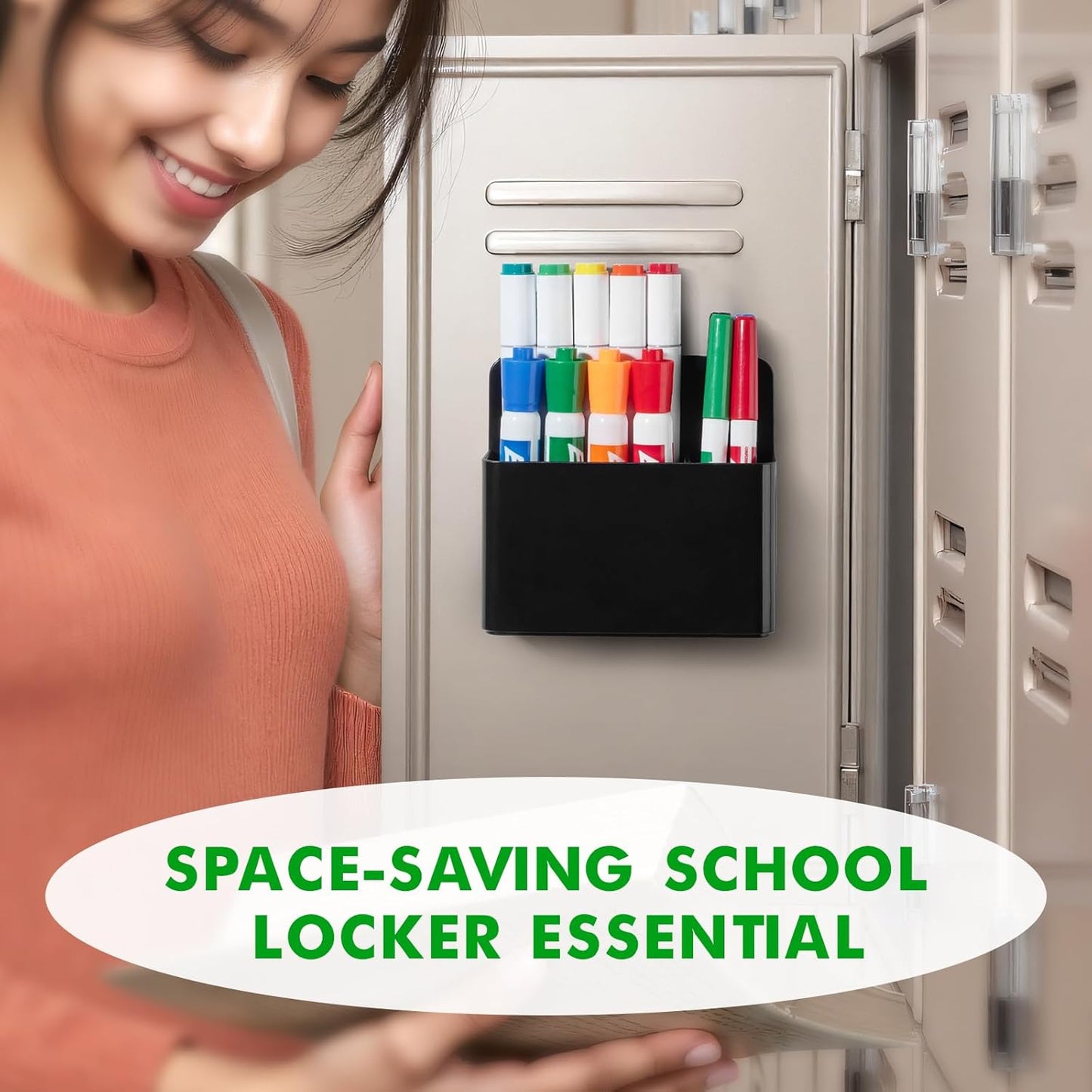 2 Pcs Magnetic Dry Erase Marker Holder for Whiteboard, Plastic Magnetic Pen Holder for Refrigerator Fridge, Magnet Pencil Cup for School Classroom, Locker Accessories, Pen Cup Organizer-Black