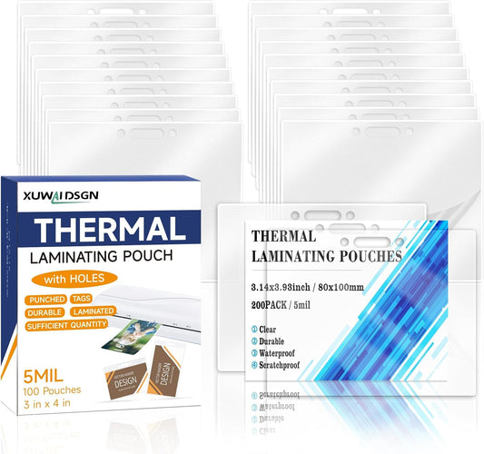 200 Pack 5mil 2.94“x4.13" Thermal Laminating Pouches Badge Laminate Pouches Clear Laminated Luggage Tags Printable Laminator Pouches for Business Permits Cards (200, 2.94"x4.13"-5mil-with Holes)