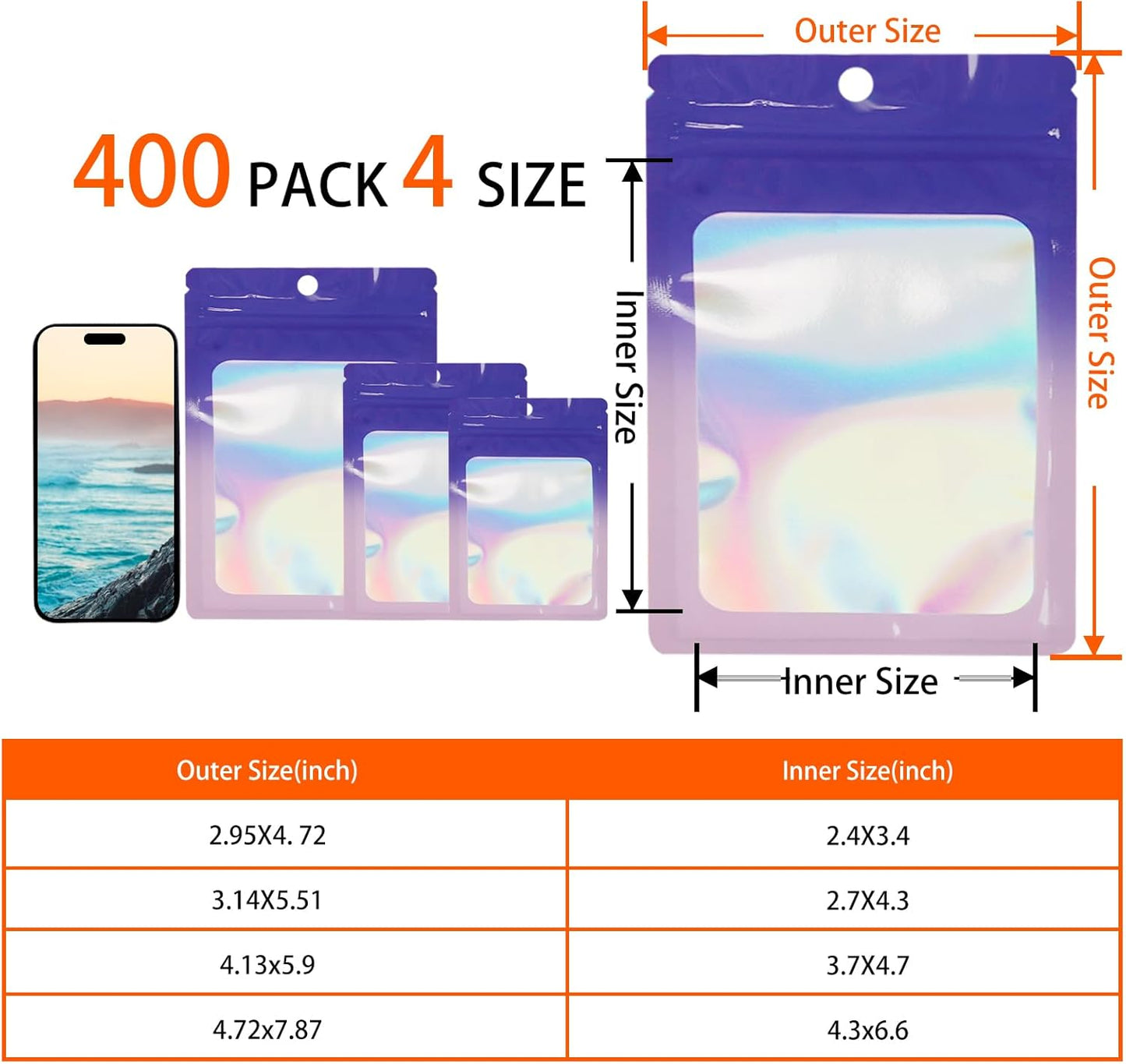400 Pack 4 Sizes Resealable Mylar Holographic Bags Food Storage Smell Proof Bags with Front Window Foil Packaging Pouch for Sample Jewelry Small Business (Purple to Blue,3x4.7,3.1x5.5,4x 6,4.7x 7.9in)