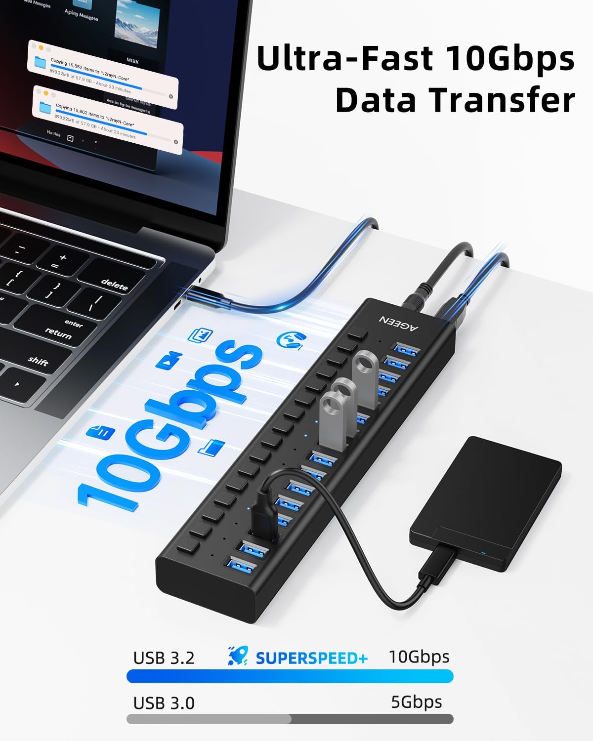 AGEEN 16-Port USB 3.2 Gen 2 Hub, 10Gbps High-Speed Aluminum Powered Hub with 96W Adapter, Individual Switches & Surge Protection for PC/Laptop, Flash Drive, Printer, Camera