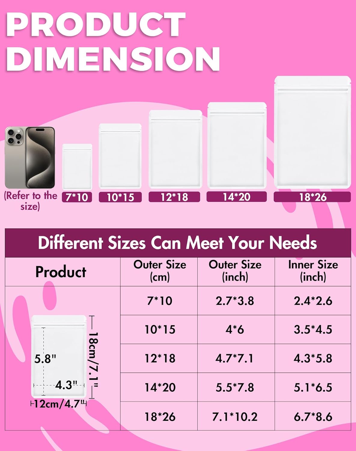 100 Pack Resealable Packaging Bags for Small Business Double-Sided Color Smell Proof Bags for Food Storage Flat Bags (White, 4.7" x 7.1")